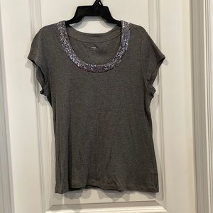 Ladies grey tee shirt with gorgeous sequin trim around collar.